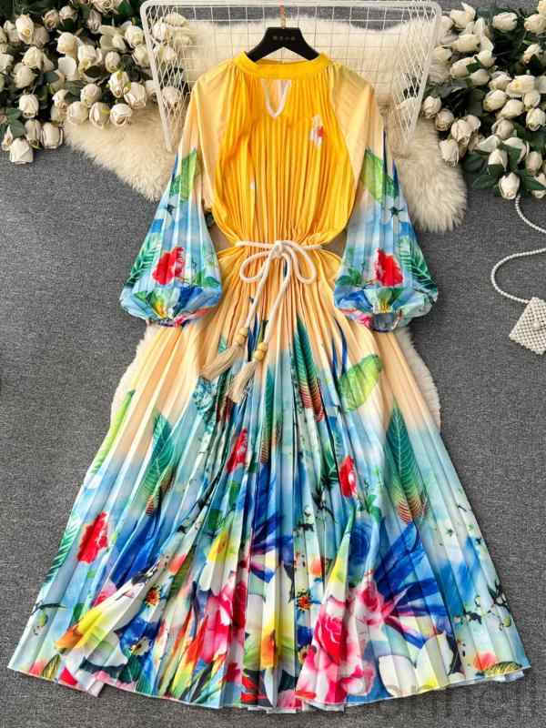 ワンピース レディース 高級感あるプリント柄 パフスリーブ リボン付きウエストマーク ミディ丈 Aラインシルエット エレガントなこだわりデザイン 春夏向けオフィス通勤カジュアルスタイル対応