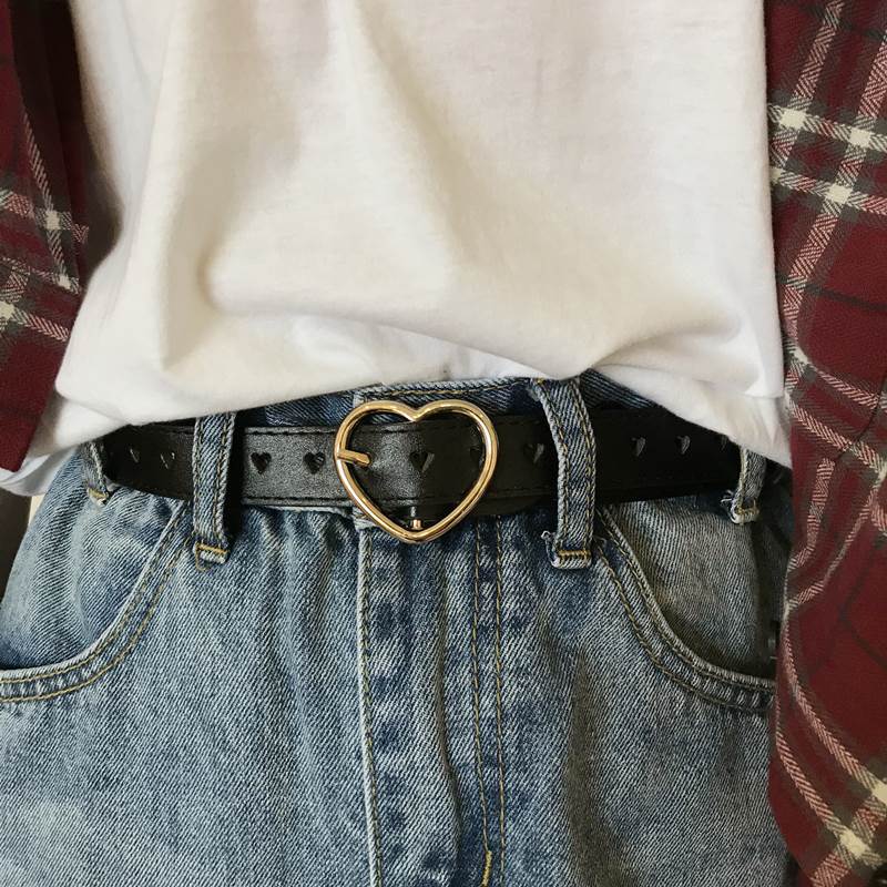 ベルト レディース ゴールドバックル メタルバックル ハート型 革 合皮 フェイクレザー ハートパンチ ..