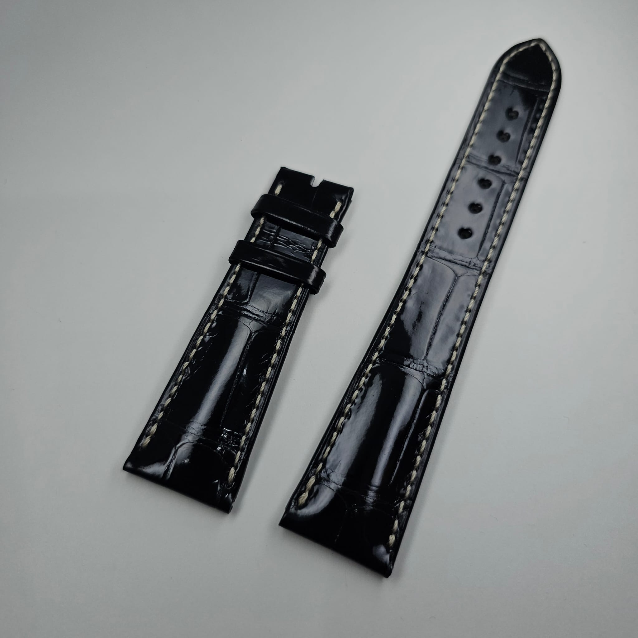 パテックフィリップ純正革ベルト23-18mmエナメルブラック白ステッチCalatrava他