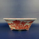 盆栽鉢 は二わ オリジナル鉢 小型 長辺 約15.5cm 丸鉢 赤絵 山水図 風景画 現品 新品 送料無料