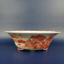 盆栽鉢 は二わ オリジナル鉢 小型 長辺 約15.5cm 丸鉢 赤絵 山水図 風景画 現品 新品