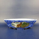 盆栽鉢 は二わ オリジナル鉢 小型 長辺 約15.3cm 木瓜鉢 色絵 窓抜 山水図 風景画 現品 新品