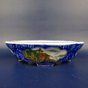 盆栽鉢 は二わ オリジナル鉢 小型 長辺 約15.3cm 木瓜鉢 色絵 窓抜 山水図 風景画 現品 新品
