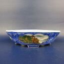 盆栽鉢 は二わ オリジナル鉢 小型 長辺 約15.3cm 木瓜鉢 色絵 窓抜 山水図 風景画 現品 新品