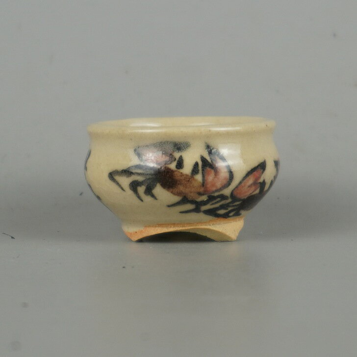 盆栽鉢 是好 矩 豆鉢 長辺 約4cm 丸鉢 色絵 蟹 かに カニ ミニ鉢 観賞用 現品 新品 送料無料