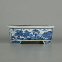 盆栽鉢 平安 香草 小型 長辺 約 10.5cm 長方鉢 外縁 隅入 染付 山水図 松 人物 舟 模様 観賞用 現品 新品
