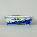 【中古】盆栽鉢 谷 嵐山 小型 長辺 約13cm 長方鉢 染付 山水図 外縁 撫角 現品 中古鉢 送料無料