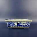 【中古】盆栽鉢 松泉 小型 長辺 約 13.3cm 長方鉢 外縁 染付 風景画 人物 中国鉢 観賞用 現品 中古鉢 送料無料