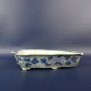 【中古】盆栽鉢 落款なし 小型 長辺 約 19cm 変形鉢 葉型 外縁 花 模様 観賞用 現品 中古鉢