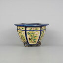 【中古】盆栽鉢 司峰 小型 長辺 約18cm 六角鉢 外縁 鬼面足 浮彫 色絵 華 花 観賞用 現品 中古鉢