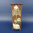 【中古】盆栽鉢 神戸 修 小型 長辺 高さ 約11.5cm 丸鉢 色絵 貼付 秋田 竿灯 泥鉢 現品 中古鉢