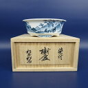 【中古】盆栽鉢 松本 松石 小型 長辺 約 9.8cm 丸鉢 外縁 染付 日坂 風景画 共箱 共布 現品 中古鉢
