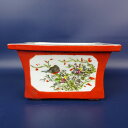 【中古】盆栽鉢 南京 落款あり 小型 長辺 約17.5cm 長方鉢 外縁 色絵 鳥 花 現品 中古鉢 送料無料