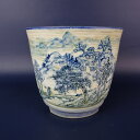 【中古】盆栽鉢 陶翠 小型 長辺 約12cm 丸鉢 染付 風景画 観賞用 現品 中古鉢 送料無料