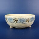 【中古】盆栽鉢 茶山 小鉢 長辺 約7cm 丸鉢 色絵 花 格子 貫入 釉薬 絵鉢 現品 中古鉢 送料無料