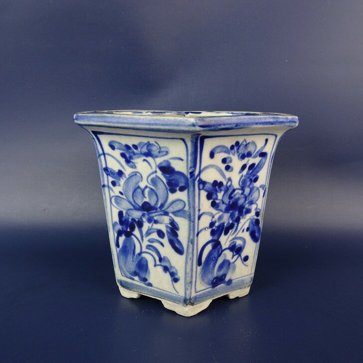 【中古】盆栽鉢 落款なし 小型 長辺 約13.5cm 六角鉢 外縁 染付 花 はな ハナ 植物 中国鉢 現品 中古鉢 送料無料