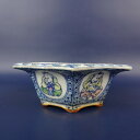 【中古】盆栽鉢 初代 石田 祥石 小型 長辺 約 11.8cm 六角鉢 外縁 色絵 唐子 模様 観賞用 現品 中古鉢