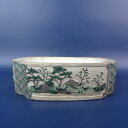 【中古】盆栽鉢 落款なし 小型 長辺 約15.5cm 正方鉢 窓付 色絵 浮彫 風景 人物 模様 後穴 観賞用 現品 中古鉢