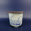 【中古】盆栽鉢 宗善 小鉢 長辺 約 9.4cm 六角鉢 外縁 染付 植物 昆虫 模様 現品 中古鉢