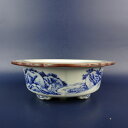【中古】盆栽鉢 宗善 小型 長辺 約 15.2cm 変形 丸鉢 花形 外縁 染付 風景画 観賞用 現品 中古鉢