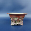 【中古】盆栽鉢 仁平 小型 長辺 約 10.7cm 丸鉢 外縁 透彫り 釉薬 現品 中古鉢 送料無料