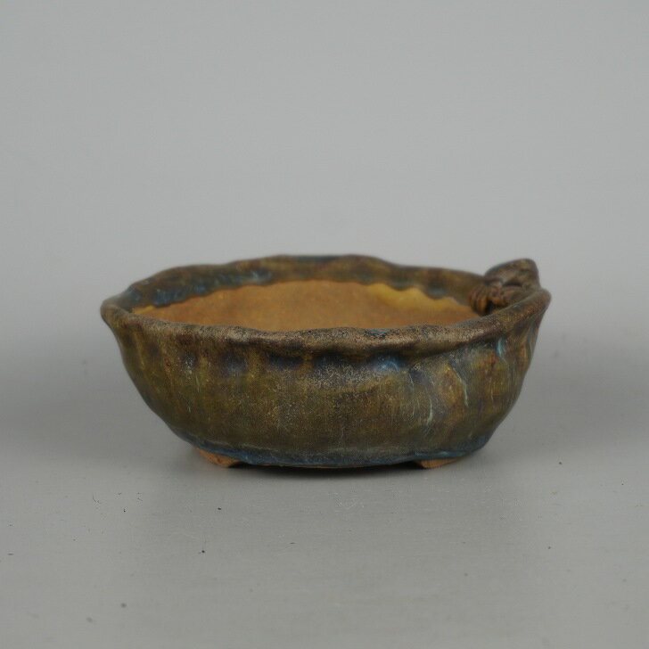 【中古】盆栽鉢 豊千 小型 長辺 約 13cm 丸鉢 外縁 蟹付 かに カニ 釉薬 観賞用 現品 中古鉢 送料無料