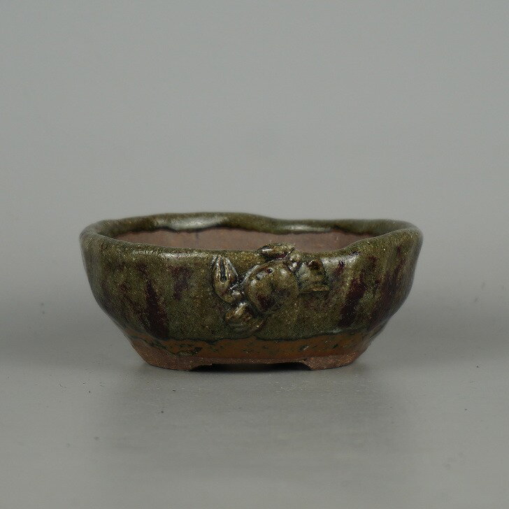 【中古】盆栽鉢 豊千 小型 長辺 約 11cm 丸鉢 蟹付 かに カニ 釉薬 観賞用 現品 中古鉢