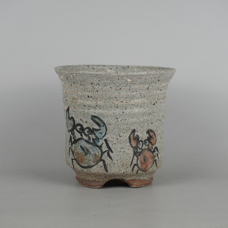 【中古】 鉢 植木鉢 落款あり 小型 高さ 約 14.5cm 丸鉢 色絵 蟹 かに カニ 観賞用 現品 中古鉢 送料無料