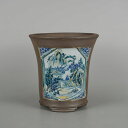 【中古】 鉢 植木鉢 陶翠 小型 高さ 約 16.2cm 丸鉢 窓付 色絵 山水図 模様 観賞用 現品 中古鉢