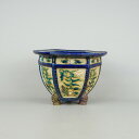 【中古】盆栽鉢 司峰 中型 長辺 約21cm 六角鉢 外縁 鬼面足 浮彫 色絵 華 花 観賞用 現品 中古鉢