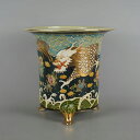 【中古】 鉢 植木鉢 ラン鉢 中型 高さ 約 23.5cm 丸鉢 色絵 龍 リュウ 花 模様 観賞用 現品 中古鉢