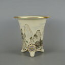 【中古】 鉢 植木鉢 ラン鉢 薩摩 錦江陶芸 中型 高さ 約 20.7cm 丸鉢 色絵 山水図 花 模様 観賞用 現品 中古鉢