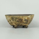 【中古】盆栽鉢 茶山 茶山作 茶山彫 小鉢 長辺 約 7.5cm 六角鉢 山水 人物図 釘彫り 観賞用 現品 中古鉢