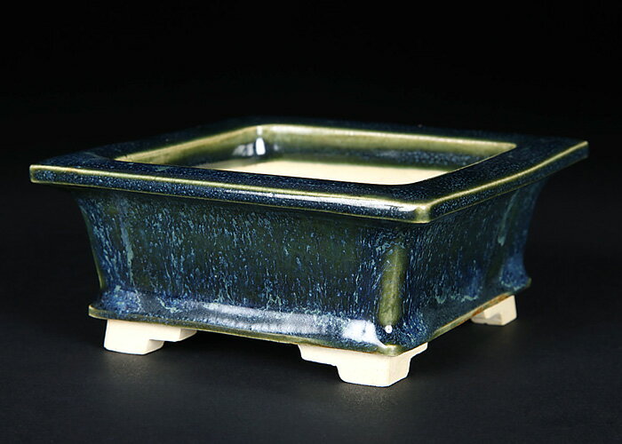 サイズ：一辺11cm高5cm 商品解説 　現代釉薬鉢づくりの第一人者・福茂の一門にして福田 茂氏の叔父にあたる桂雲。福田 茂氏も認めるセンスの良さで品質の高い釉薬鉢を生み出し、2020年1月の雅風展併催の現代小鉢作家展で釉薬の部において金賞受賞。一躍注目の作家に躍り出た。もともとが盆栽愛好家であることから使い勝手の良い型に福茂譲りの美しい釉薬が融合した作品はまさに「用の美」と言える仕上がりです。 　大変深みのある色合いの緑釉で白い斑紋を見せる独特の作品。支那鉢でいう海鼠のような仕上がりは福茂譲りの技が活かされたものでしょう。端正な鉢型も魅力です。落款：桂雲 ※現品限りの商品です。 作家プロフィール 陶名：桂雲（けいうん）　 本名：福田康男（1942年生まれ） 　現代釉薬鉢づくりの第一人者・福田 茂氏主宰の福田工房陶芸教室で学び、2020年第15回現代小鉢作家展で初出品ながら釉薬の部で金賞受賞。一躍注目を浴びる。もともと盆栽愛好家だったこと、50代の頃に少し陶芸をしていたこと、何より甥である福田茂氏が陶芸教室をしていることなどがきっかけで本格的に鉢づくりをはじめる。元々の器用さと物作りの勘の良さは師・茂氏も太鼓判を押すほど。師・茂師譲りの多彩な釉薬が特徴。また書道八段にて師範免許を持つ書道家としての顔を持ち、その手腕は釘彫落款や詩吟文装飾にも大いに活かされている。 ※当店では実店舗での販売も行っているため、在庫の反映がリアルタイムではなく売り切れている場合があります。その場合は、申し訳ございませんがキャンセルさせていただくことをご了承下さい。　