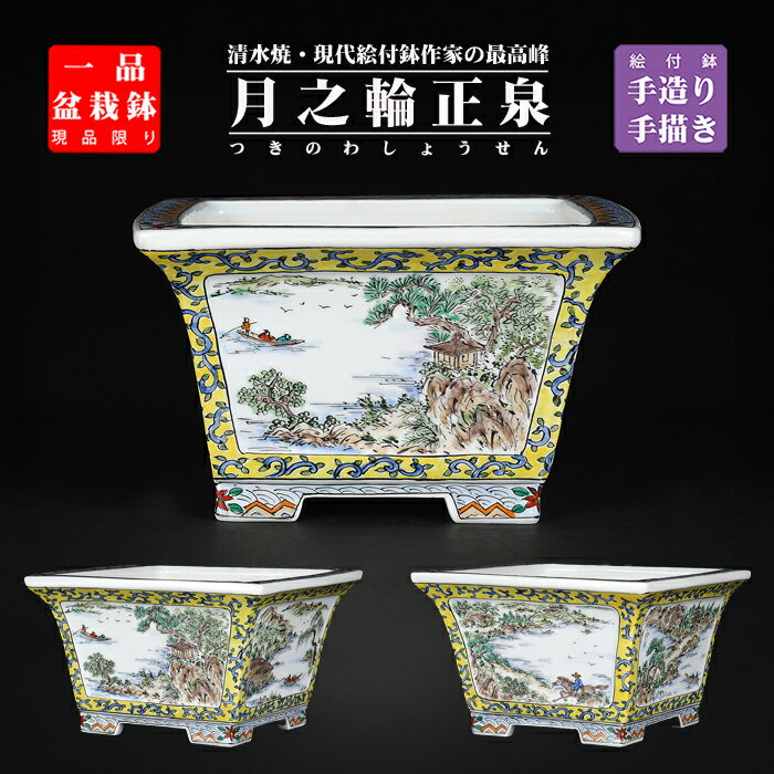 盆栽鉢 月之輪正泉五彩山水図正方鉢 絵付鉢 色絵 京焼 清水焼 5号 14cm 小品盆栽に最適