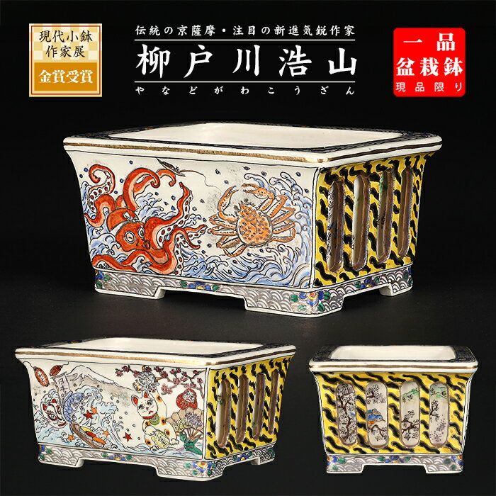 盆栽鉢 柳戸川浩山日本文化図透入長方鉢 絵付鉢 手造り 手描き 4号 12cm 小品盆栽 ミニ盆栽に最適 現品限り 【送料無料】