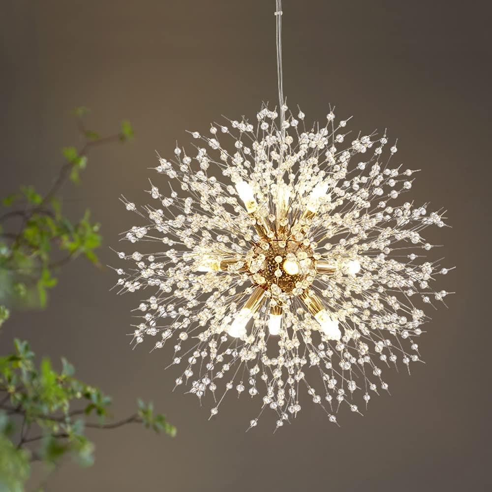 Okellyシャンデリア クリスタル照明器具 おしゃれ花火ペンダントライト 6畳 8畳 10畳 LED電球付属 ロビー ダイニングルーム 寝室 リビングルーム レストラン 和風吊り板 中性光(12灯 ゴールデン)