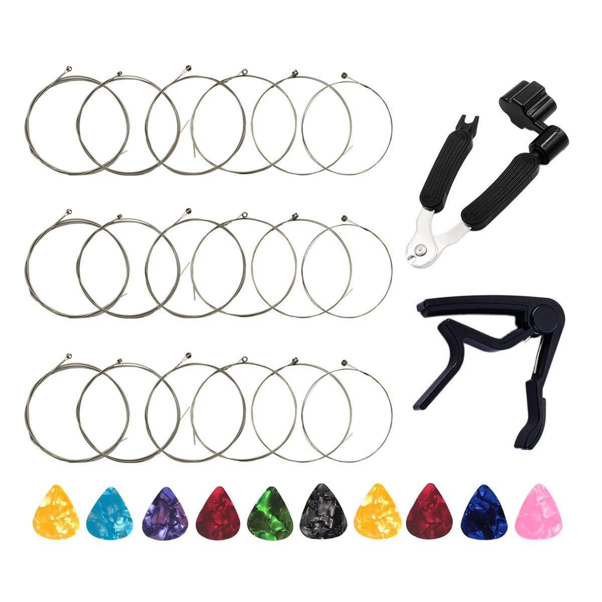 エレクトリックギターストリング3フルセット1ピースのギターカポと1ピースの3-in-1ギターの弦張りツールと10ピースのギターピック