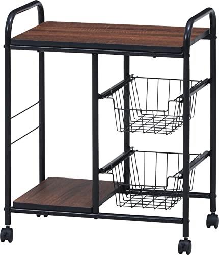 不二貿易 キッチンワゴン キャスター付き キッチンラック レンジ台 一人暮らし スライド棚 引き出し収納 バスケット付き 幅56×奥行35.5×高さ69.5cm ブラック ブラウン 14639
