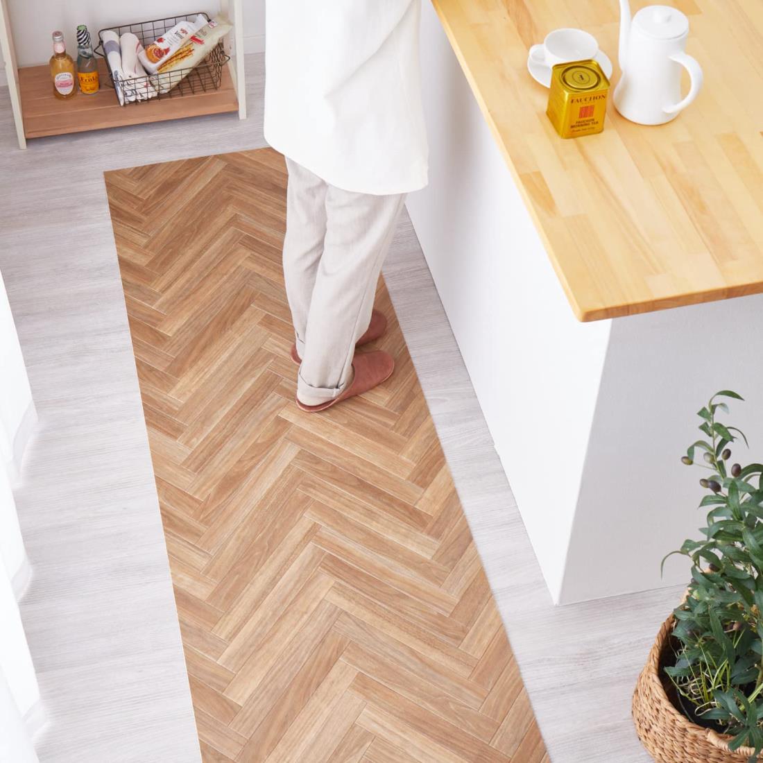 萩原 クッションフロア キッチンマット (約60×240cm,木目ヘリンボン) 水拭きできる 抗菌 防カビ 抗ウイ..