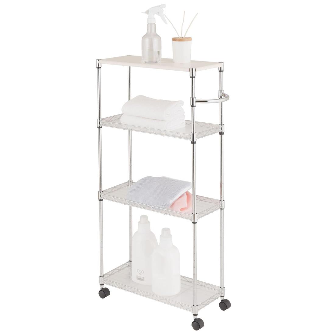 ドウシシャ ワゴン キッチンワゴン ランドリー収納 幅20cm 4段 スリム 隙間収納 耐荷重120kg 幅20×奥行45×高さ91.5cm EP452090-4 木製天板 作業台 白 ホワイト ハンドルとキャスター付きで移動らくらく 専用シート付き 可動棚