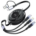 【100W】3in2 充電ケーブル巻き取り式【100W PD対応/3台同時充電】3イン2 充電コード PD3.0/QC3.0超高速充電 超高耐久 iPhone15シリーズ充電ケーブル MacBook Pro/iPad Pro/Surface Pro/Asus/Google Pixel/Galaxy等タイプC対応 在宅勤務/出張支援 ブラック 1.2M(2)