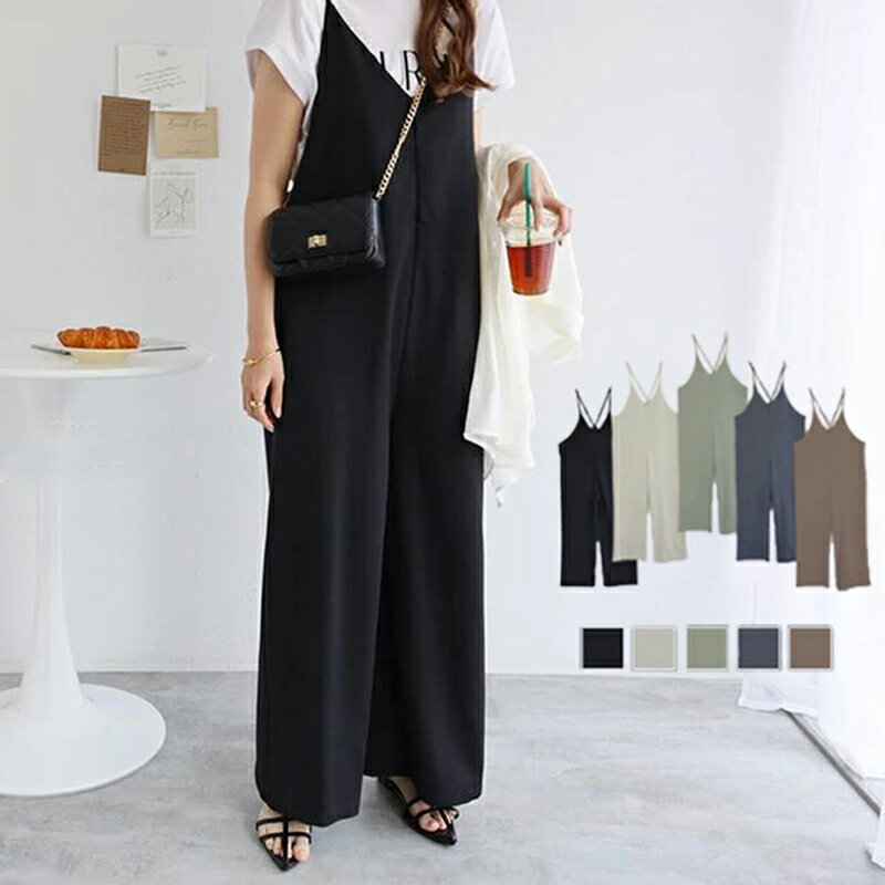 サロペット パンツ オールインワン レディース ワイドパンツ オーバーオールvネック 体型カバー 着痩せ サロペットパンツ おしゃれ カジュアル 新作 スタイルアップ ゆったり キャミワンピース 母 ブラック 春 夏 秋 レディースファッション