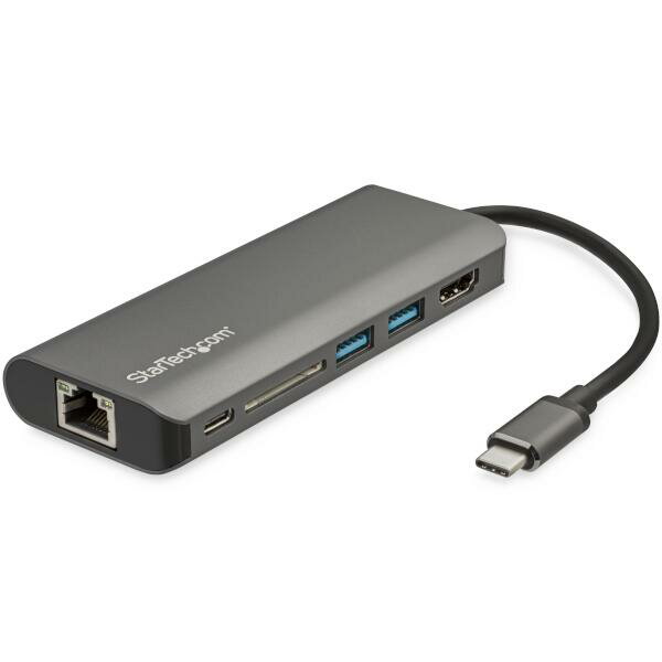 HDMI対応USB-Cマルチアダプタ。MacBook Pro、Dell XPSその他のUSB-C搭載ノートパソコンを、外出先でもワークステーションとして使用することができます。4K HDMIビデオ出力ポート、USB Type-Cポート（データ／電力）、USB 3.0 Type-Aポート2口、ギガビットイーサネットポート、SDカードリーダースロットのすべてを、ノートパソコンのUSB-CまたはThunderbolt 3ポートに一括接続します。さらに、USB Power Delivery 3.0に対応し、最新の充電機能を提供します。

【作業効率の向上】
ノートパソコンに4K HDMIモニタ（4096 x 2160p）を接続し、パワフルなワークステーションとして活用できるようになります。ウルトラワイド型モニタの接続にも対応しています。

【デバイス接続】
USB-Cポート1口とUSB-Aポート2口のUSB-C - USB 3.0ハブを搭載し、最新のUSBデバイスと旧型のUSBデバイスを接続可能です。

【SDカードリーダー】
カードリーダーは、SD／SDHC／SDXCメモリカードに対応しています。別売のアダプタを使用し、microSDカードにも対応可能です。マルチメディアコンテンツへのアクセスが簡単にできるマルチポートアダプタです。

【ノートパソコンと周辺機器の充電】
このマルチアダプタは、最大60WのUSB PD 3.0に対応しており、USB-C専用ACアダプタに接続すると、ノートパソコン本体の充電／給電と周辺機器への給電が同時にできるようになっています。PD 3.0ではファストロールスワップに対応しており、USB-C専用ACアダプタからバスパワーへ切り替えても、USBデータ伝送が途絶しません。

【安定したネットワーク接続】
ギガビットイーサネットポートは、安定した有線ネットワークアクセスを提供します。

StarTech.comでは、本製品に3年間保証と無期限無料技術サポートを提供しています。

アダプタのすべての機能を活用するには、ノートパソコン側のUSB-Cポートで USB Power DeliveryおよびDP altモードに対応している必要があります。