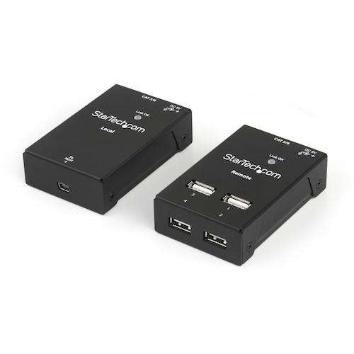 4ポートUSB 2.0エクステンダ。作業スペースの自由度が増すシンプルで安価なソリューションです。イーサネットケーブルを使用してUSB 2.0デバイスの接続距離をカテゴリ5では40m、カテゴリ6では50m延長可能になります。

【接続距離を延長し作業効率を改善】
本製品は、USBケーブルの4.8mという距離上の制限を克服、ホストコンピュータシステムから離れたリモートロケーションに4台のUSBデバイスを配置することができます。ハードドライブケース、プリンタ、スキャナ、ウェブカメラその他一般的な周辺機器を必要な場所に配置して時間を節約し、作業効率を向上させることができます。

【すばやく接続できるポート配置】
このエクステンダを使用して、頻繁に使用するUSB機器に、すぐにアクセスできるように配置させることが可能です。外出が多い場合、フラッシュドライブ、スマートフォン、タブレットなどの携帯機器は、すぐにアクセスできるトップポートを使用し、フロントポートはプリンタその他の固定機器で使用すると便利です。

【各種OSと旧型デバイスにも対応】
汎用性に優れた本製品は、Windows、Mac、Linux システムに対応しています。ドライバやソフトウエアのインストールが不要なため簡単にセットアップでき、USB 1.0/1.1の周辺機器との下位互換性も保持しています。

StarTech.comでは、本製品に2年間保証と無期限無料技術サポートを提供しています。