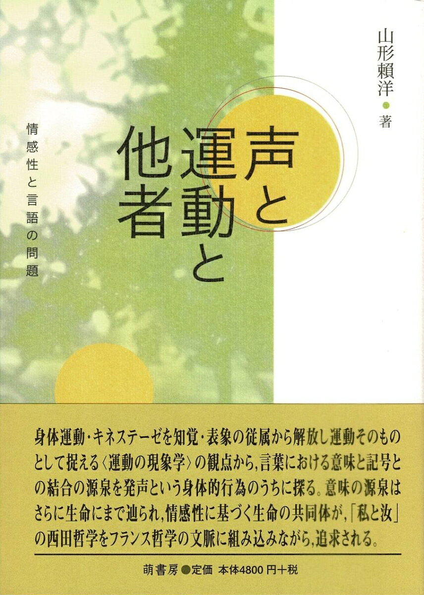 身体運動・キネステーゼを知覚・表象の従属から解放し運動そのものとして捉える“運動の現象学”の観点から、言葉における意味と記号との結合の源泉を発声という身体的行為のうちに探る。意味の源泉はさらに生命にまで辿られ、情感性に基づく生命の共同体が、「私と汝」の西田哲学をフランス哲学の文脈に組み込みながら、追求される。