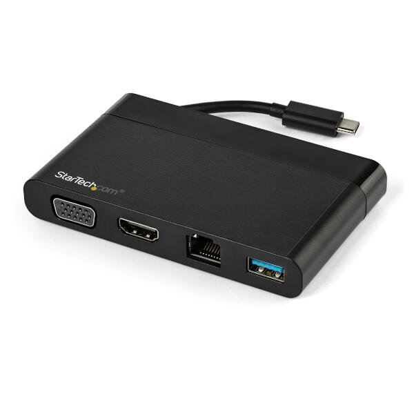 HDMI／VGA対応USB-Cマルチアダプタ。複数のビデオ出力に対応し、モバイルワーカーに最適な製品です。ノートパソコンのUSB-Cポート1口を使用し、HDMI／VGA接続、ギガビットイーサネットポート、USB-Cポート1口のすべてを接続するフォーインワンの多機能アダプタです。ケーブルが邪魔にならず持ち運びしやすい本体一体型のケーブルがついています。

大多数のオペレーティングシステムでプラグアンドプライに対応しており、ドライバやソフトウエアの追加は不要です。MacBook Pro、Dell XPS、Chromebookその他USB-C搭載ノートパソコンで便利に使えるアクセサリです。

【4K解像度HDMI／VGAモニタの接続】
このUSB Type-Cマルチアダプタは、出張等ビジネスでの携帯用途に最適です。4K HDMI（4096x2160 または 3840 x 2160p）または VGA（1920 x 1200p）モニタやプロジェクタに接続してノートパソコンの画面を拡張してプレゼンテーションを行ったり、臨時ワークステーションを構成することができます。

【携帯に適した一体型ケーブル】
複数のポートを備え、アクセスしやすい一体型のケーブルを備えたUSB-Cオールインワンアダプタは、外出先での接続ニーズに応える便利なトラベルドックです。バスパワーで駆動するため電源アダプタを別途持ち歩く必要がありません。

【作業効率の向上】
USB-C／Thunderbolt 3搭載ノートパソコンを使用していても、USB 3.0準拠Type-AポートにUSBメモリやマウスその他の周辺機器を接続することができます。ギガビットイーサネットポートは有線ネットワーク接続機能を提供し、Wi-Fiが使えない環境に最適です。

StarTech.comでは、本製品に3年間保証と無期限無料技術サポートを提供しています。