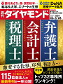 『週刊ダイヤモンド』3月23日号は「激変！仕事＆稼ぎ方　弁護士 会計士 税理士」です。専門知識と能力を駆使して腕一本で稼ぐ士業。中でも弁護士 会計士 税理士は、企業とも密接な3大士業です。特集では、超エリート集団である大手法律事務所の年収と出世、アソシエート弁護士の満足度調査、会計士たちの置かれた厳しい環境、人気復活で上り調子の税理士など、それぞれの内情を豊富なデータと共にレポートします。【特集】弁護士　会計士　税理士激変する仕事、序列、稼ぎ方・・・「Part 1」仕事、キャリア、年収で明暗　弁護士"非情"格差企業不祥事を調べる調査委員会が乱立　四大が「量」で圧倒！　新興勢も大手法律事務所を大解剖　四大若手弁護士の満足度は？弁護士ら関与の報告書が免罪符に？　「お手盛り委員会」量産の実態弁護士会から除名の東京ミネルヴァは　「過払い金バブル」のあだ花SNSではやりの「国が認めた借金減額」　カジュアルな債務整理のわな「Part 2」処分増加、業務激増、若手の監査離れ・・・　会計士の受難検査と訴訟で大揺れの名門・東陽　「8カ月検査」と前理事長"辞任"行政処分が引き金に「大再編時代」突入　"受け皿"太陽の後釜は？首都圏＆繁忙期なら日当10万円！？　会計士「バイト監査」の深層「監査証明業務」売上高の増収率ランキング　大手では太陽が19％増で最大　値上げで"本業"増収が続出「非監査証明業務」売上高の増収率ランキング　PwC Japanが増収額トップ　方針分かれるコンサル注力度「会計士1人当たり売上高」ランキング　3位トーマツは理想的な改善　規模に見合った効率性が「吉」「Part 3」コロナが起爆剤で人気復活へ　序列上昇の税理士最大手の辻・本郷が狙う新事業　税理士業界「次の鉱脈」とはベリーベストが「脱・日本M&Aセンター」へ　M&A仲介業参入の勝算税理士資格取得への近道であり王道！　試験科目免除大学院の選び方（Column）税理士の業務を劇的効率化　「税務相談ロボット」の衝撃【特集2】DeNA 医療データ乱用「News」（Close Up）楽天「市場」で無料回線"バラマキ"奏功　法人契約「100万回線」の真相「特別インタビュー」安定的な2％物価上昇は既に達成マイナス金利は「早期解除を」山口廣秀●日本銀行元副総裁、日興リサーチセンター理事長「ウォール・ストリート・ジャーナル発」【社説】米共和党、トランプ氏に3度目の賭けエヌビディア主導の株式相場で生きる術「政策マーケットラボ」株価と半導体の「日米連動」　日経平均4万円台の「虚の部分」熊野英生●第一生命経済研究所首席エコノミスト市場を動揺させる経済指標　問われる統計を読み解く力長井滋人●オックスフォード・エコノミクス在日代表「Data」（数字は語る）3380兆円　1989年末から2011年末にかけて生じた不動産・金融資産のキャピタルロスの累計額●小林俊介「ダイヤモンド・オンライン発」「ファミマのスウェット」なぜ人気？　コンビニの常識破り"2990円の高値"でも売り切れるワケ「連載・コラム」井手ゆきえ／カラダご医見番池上彰と増田ユリヤの世界最前線藤井啓祐／大人のための最先端理科牧野 洋／Key Wordで世界を読む山本洋子／新日本酒紀行菅 義偉／官邸の決断深堀圭一郎のゴルフIQを高めよう！Book Reviews／佐藤 優/知を磨く読書Book Reviews／オフタイムの楽しみBook Reviews／目利きのお気に入りBook Reviews／ビジネス書ベストセラー後藤謙次／永田町ライヴ！From Readers　From Editors世界遺産を撮る