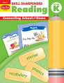 Skill Sharpeners Reading, Kindergarten provides a one-page story for each letter of the alphabet. Activity pages include listening for beginning sounds, matching words and pictures, cut-and-paste activities, sentence completion, and following directions.