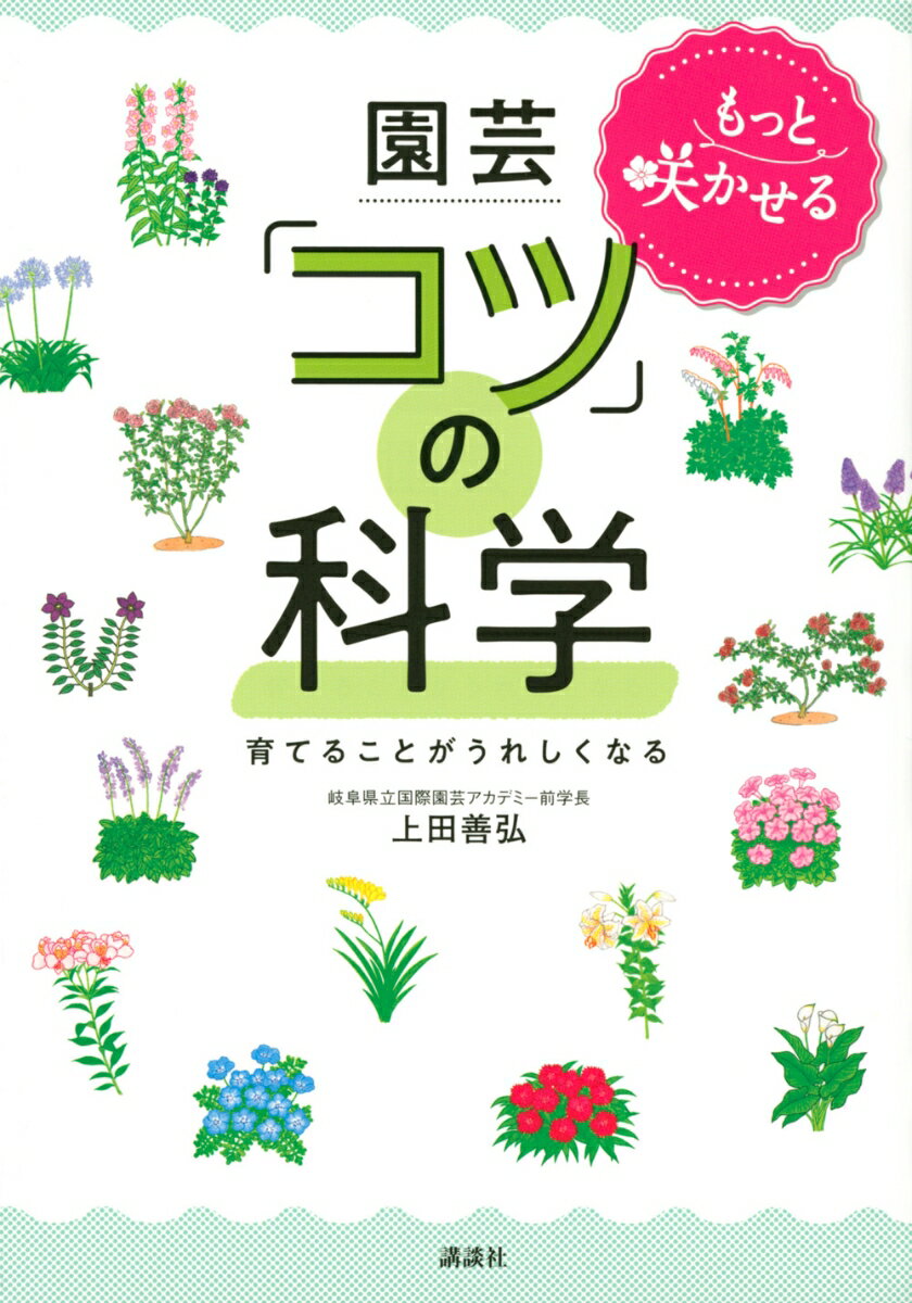 上田 善弘 講談社モットサカセル エンゲイ 「コツ」ノカガク ソダテルコトガウレシクナル ウエダ ヨシヒロ 発行年月：2020年03月27日 予約締切日：2020年01月30日 ページ数：160p サイズ：単行本 ISBN：9784065190395 上田善弘（ウエダヨシヒロ） 岐阜県立国際園芸アカデミー前学長、同客員教授。1956年（昭和31年）、滋賀県生まれ。大阪府立大学大学院農学研究科修士課程修了。千葉大学園芸学部助教授を経て、岐阜県立国際園芸アカデミー学長。学長退任後は、同客員教授、花フェスタ記念公園理事。長年にわたりバラの分類、遺伝育種に関する研究に取り組む「バラ博士」。専門は花き園芸学、植物育種学、園芸文化論など（本データはこの書籍が刊行された当時に掲載されていたものです） 1　草花・球根をもっと咲かせるコツ（花はどうして咲くのでしょうか？花が咲く仕組みを教えてください。花をたくさん咲かせる方法はありますか？　ほか）／2　樹木の花をもっと咲かせるコツ（いつ枝を切っても、花は咲きますか？／花がよく咲く人気の樹種は何ですか？　ほか）／3　人気のバラ、クレマチス、クリスマスローズをもっと咲かせるコツ（木立ち性のバラは、枝を切って花を咲かせるのですか？／つるバラは、どのように切ったらよく咲きますか？　ほか）／4　多肉植物・観葉植物の花をもっと咲かせるコツ（多肉植物とは、どんな植物ですか？／多肉植物の開花時期はいつですか？　ほか）／5　ランの花をもっと咲かせるコツ（ランの花を咲かせるには、どうしたらよいですか？／ランを育てるには、温室が必要ですか？　ほか） 草花も樹木もバラも多肉植物も…花が咲くメカニズムは、植物ごとに違います！ 本 ビジネス・経済・就職 産業 農業・畜産業 美容・暮らし・健康・料理 ガーデニング・フラワー 花